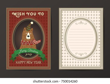 Merry Christmas vector character greeting card, Christmas and happy new year bear character.