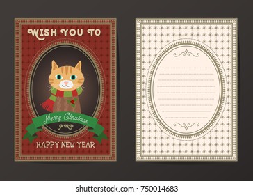 Merry Christmas vector character greeting card, Christmas and happy new year cat character.