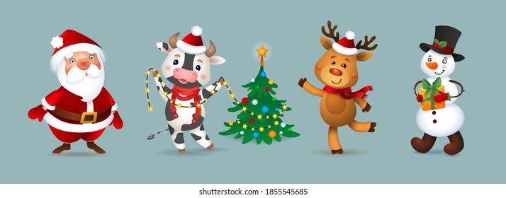 Merry Christmas Vector Character Set. Santa Claus, Snowman, Deer and Ox. Cute Funny Macots.