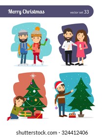 Merry Christmas Vector Characters. Decorating the Christmas tree and preparation of gifts, celebrations and winter holidays