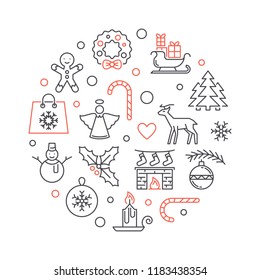 Merry Christmas vector circular illustration made with xmas outline icons