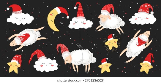 Merry Christmas vector collection with cute hand drawn clouds, moon, stars and sheeps in Santa hat isolated on black background. Illustration set for greeting card, holiday decoration