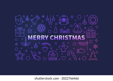 Merry Christmas vector colored illustration - Xmas concept outline horizontal banner on dark background