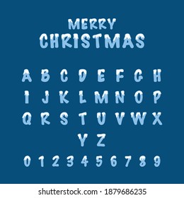 Merry Christmas vector and complete English alphabets with snow on top of the letters. Winter alphabet vector illustration. Snowy set of letters and numbers.