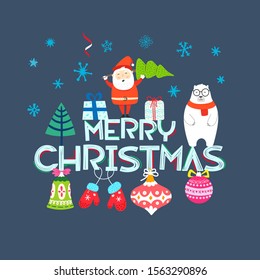 Merry Christmas vector composition. Cartoon style flat illustration
