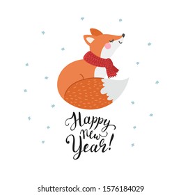 Merry Christmas vector composition on a white background: a cute fox in a scarf, snow and lettering. Beautiful design concept for cards, invitations, etc.
