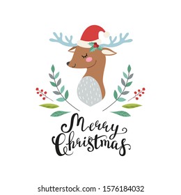 Merry Christmas vector composition on a white background: cute deer, lettering and branches. Beautiful design concept for cards, invitations, etc.