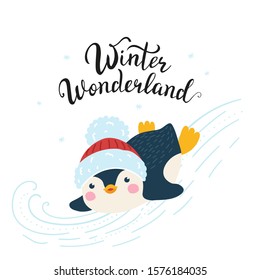 Merry Christmas vector composition on a white background: cute penguin in a hat and lettering. Beautiful design concept for cards, invitations, etc.