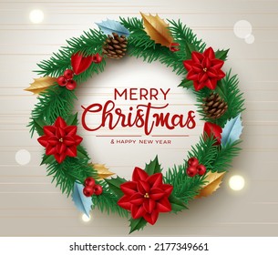 Merry christmas vector concept design. Merry christmas greeting text with poinsettia, holly berry and pine cone decoration elements for xmas holiday season. Vector illustration.
