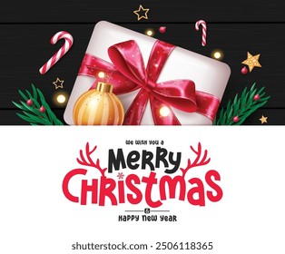 Conception de concept d'Image vectorielle Joyeux Noël. texte de voeux Noël en tableau blanc avec des éléments comme coffret cadeau, feuilles d'épinette, balles de noël et holly berry, arrière-plan bois flou noir. Illustration vectorielle 
