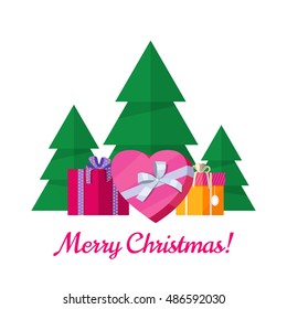 Merry Christmas vector concept in flat style. Packaged with colored paper and ribbons presents. Gift boxes with christmas trees. Illustration for winter holiday sales and discounts ad, greeting cards