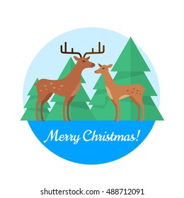 Merry christmas vector concept in flat design. Fallow deers couple, female and male standing on background of spruce trees. Northern flora and fauna motif. For greeting cards, advertising, web design