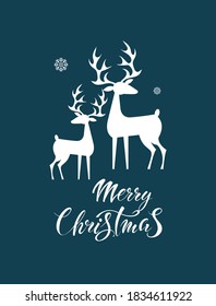 Merry Christmas! Vector congratulatory poster with deer. Lettering.