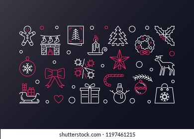 Merry Christmas vector creative illustration. Xmas banner in thin line style on dark background