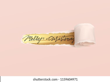 Merry Christmas vector creative typography for Holiday greeting card. Background Hole torn in pink paper. Vector illustration.