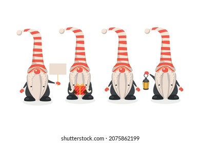 Merry Christmas. Vector Christmas Cute Gnome with Caps Set in Flat Style Isolated. Design Template for Merry Christmas and Happy New Year Card. Cartoon Kids Character - Funny Gnomes
