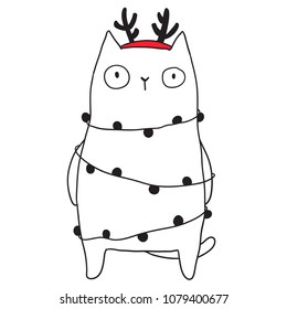 Merry Christmas vector cute illustration with funny cat. Holiday hand drawn image for you project. 