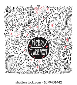 Merry Christmas vector cute illustration. Holiday hand drawn image for you project. 
