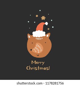 Merry Christmas. Vector cute winter fox face, Santa hat. Nursery holiday illustration. It can be used for wall art, greeting card, poster, kids apparel