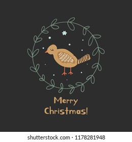 Merry Christmas. Vector cute winter Noel postcard with bird and green wreath. Nursery holiday illustration. It can be used for wall art, greeting card, poster, kids apparel