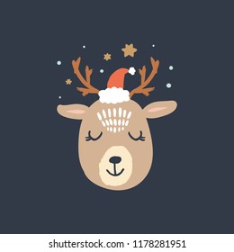 Merry Christmas. Vector cute winter polar deer Santa with text. Nursery holiday illustration. It can be used for wall art, greeting card, poster, kids apparel