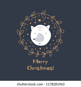 Merry Christmas. Vector cute winter Noel postcard with arctic fox and golden wreath. Nursery holiday illustration. It can be used for wall art, greeting card, poster, kids apparel
