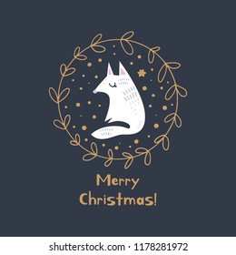 Merry Christmas. Vector cute winter Noel postcard with arctic fox and golden wreath. Nursery holiday illustration. It can be used for wall art, greeting card, poster, kids apparel