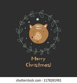 Merry Christmas. Vector cute winter Noel postcard with fox and green wreath. Nursery holiday illustration. It can be used for wall art, greeting card, poster, kids apparel