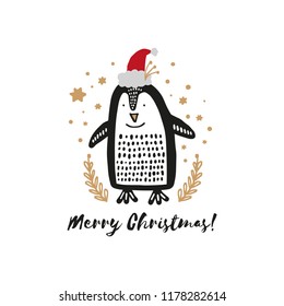 Merry Christmas. Vector cute winter penguin, Santa hat. Nursery holiday illustration. It can be used for wall art, greeting card, poster, kids apparel