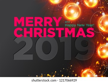 Merry Christmas Vector Dark Background Design. Happy New Year 2019 Luxury Greeting Card. Stylish Festive Xmas Poster Template with Christmas Lights and Gold Glitter Texture. Winter Holiday Season.