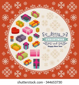 Merry Christmas vector decorating design made of gift boxes and snowflakes. Colorful card template with copy space