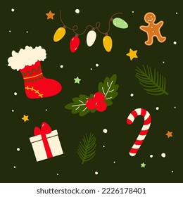 Merry Christmas. Vector decorative isolated elements. Garland, New Year's sock, gift, candy, stars, snow, Christmas tree branch, holly