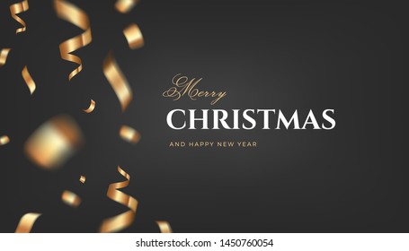 Merry Christmas vector design. Black golden background with flying gold confetti and congratulations text. Elegant festive decoration, gift card or web banner template