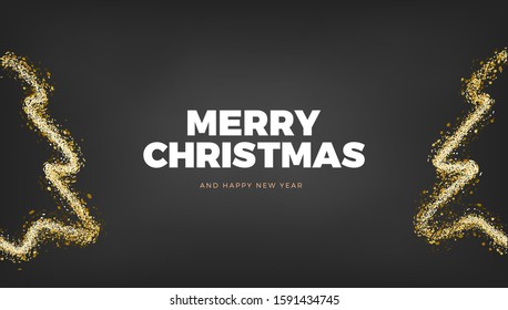 Merry Christmas vector design. Black golden background with gold sparkler light, Chtistmas tree festive decoration banner template