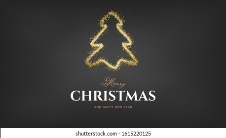 Merry Christmas vector design. Black golden background with gold sparkler light, Chtistmas tree festive decoration banner template