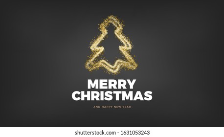 Merry Christmas vector design. Black golden background with gold sparkler light, Chtistmas tree festive decoration banner template