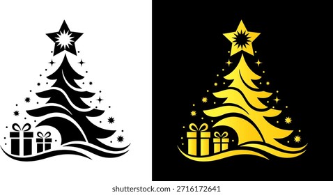 Feliz Natal vetor projeto preto e ouro coleção em fundo preto e branco, árvore de Natal desenhada à mão e splatter. Silhuetas de abetos. Ilustração vetorial, design minimalista, desenho vetorial árvore de Natal design de vetor isolado