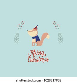 Merry Christmas vector design. Cute happy illustration. Winter holiday celebration cartoon greeting card. Fox with hat and scarf