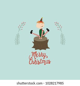 Merry Christmas vector design. Cute happy illustration. Winter holiday celebration cartoon greeting card. Santa's elf