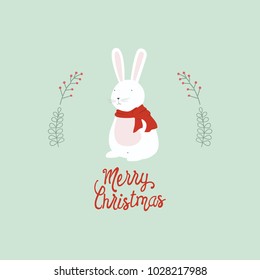 Feliz diseño vectorial de Navidad. Cuta ilustración feliz. Tarjeta de saludo de caricatura de la celebración de las fiestas de invierno. Conejo conejo conejo con bufanda roja