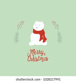 Merry Christmas vector design. Cute happy illustration. Winter holiday celebration cartoon greeting card. White polar bear with red scarf