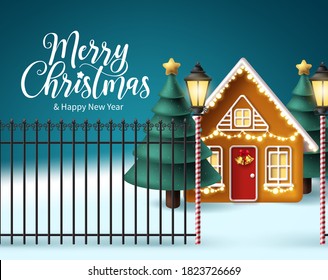 Merry christmas vector design. Christmas elements in house outdoor design with snow winter background and xmas tree for holiday season celebration. Vector illustration 