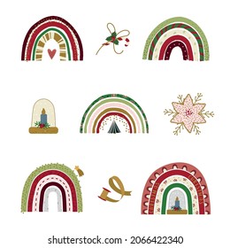 Merry Christmas vector design elements rainbows, snowflakes, snow globe, sweets, ribbon, red flowers, stars. Merry Christmas festive  Rainbow illustration.
