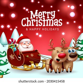 Merry christmas vector design. Merry christmas greeting text with santa claus character riding sleigh in xmas eve for holiday gift giving season. Vector illustration.
