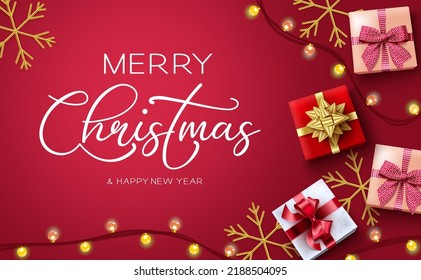 Merry christmas vector design. Merry christmas greeting text with gifts, snow flakes and lights elements for holiday season celebration. Vector illustration.

