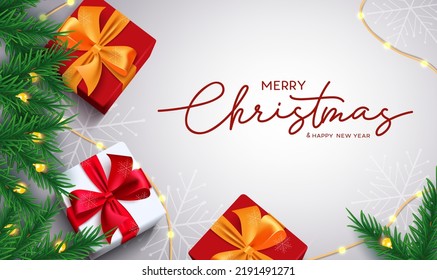 Merry christmas vector design. Merry christmas greeting text with gifts, fir branches and lights elements for xmas holiday season decoration. Vector illustration.
