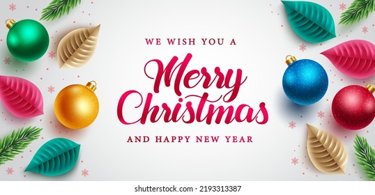 Merry christmas vector design. Merry christmas greeting text with colorful christmas balls and leaves element for holiday season decoration. Vector illustration.

