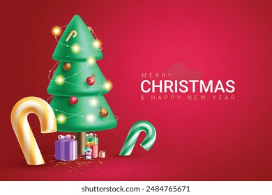 Merry christmas vector design. Christmas greeting text with pine tree, candy cane and gift boxes ornaments and decoration elements in red elegant background. Vector illustration new year card design. 