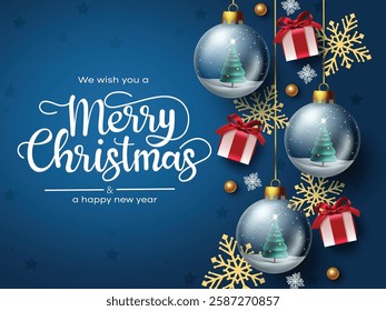 Merry Christmas vector design. Merry Christmas greeting text with gift, crystal ball and snowflakes element in blue background for holiday season decoration. Vector illustration. 
