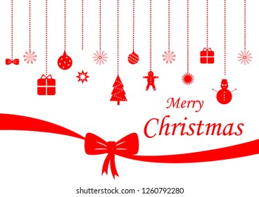 Merry Christmas vector design with hanging snowmen, Christmas trees and presents